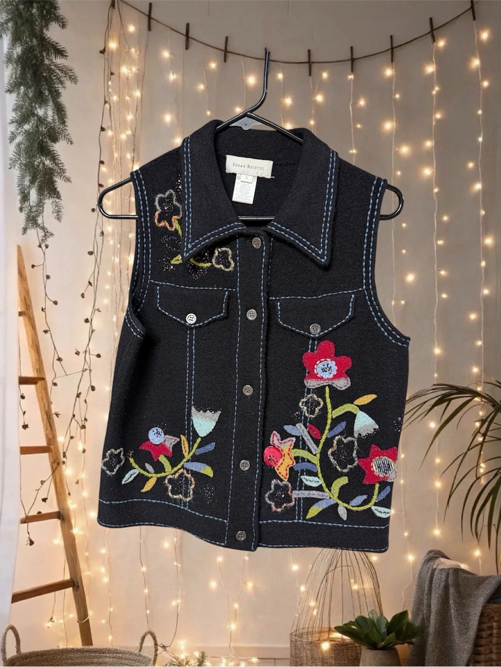 Susan Bristol Black Sleeveless Floral patchwork Embroidered Vest 100% wool S